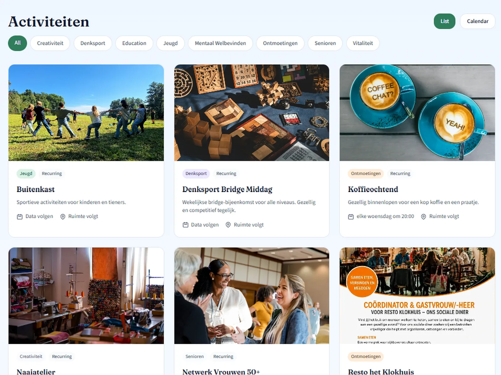 Overzicht van activiteiten, ingedeeld in categorieën